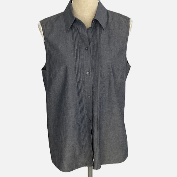 Eddie Bauer Women’s Cotton Sleeveless Button Down Blouse Top Large Chambray - Picture 1 of 8